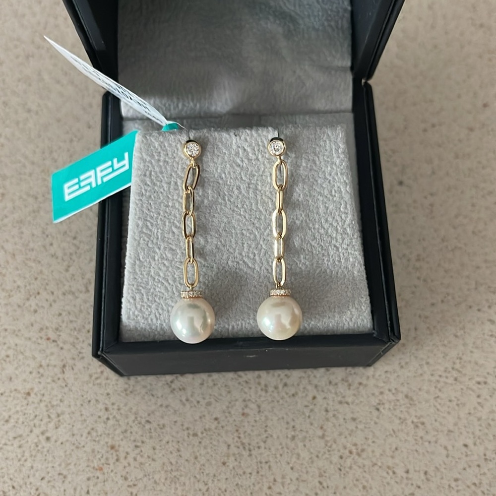 $1,860 New EFFY 14K Yellow Gold, 8MM Freshwater Pearl & Diamond Drop Earrings